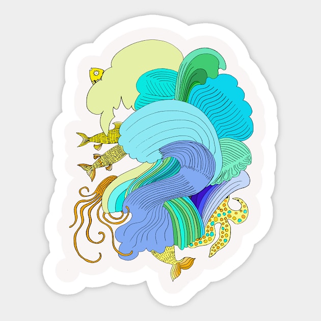 Sea waves fishes Sticker by AgniArt